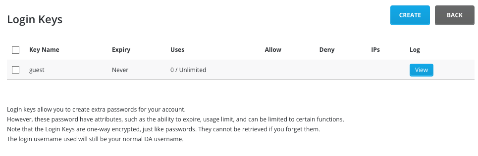 access login keys menu